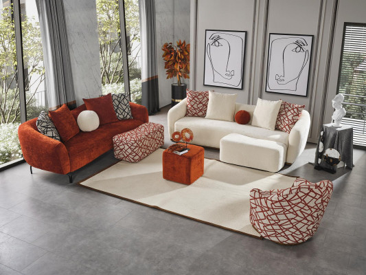 Three-seater sofa, 3-seater sofas, modern fabric design, orange living room.