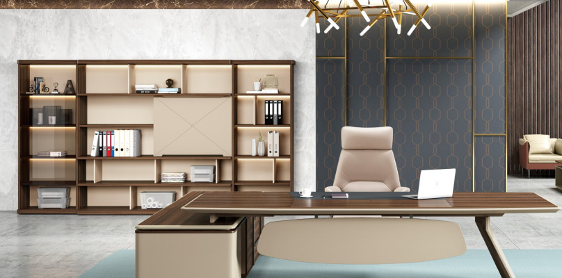 Office furniture 2-piece set: executive desk, filing cabinet, office desk, tables, shelf