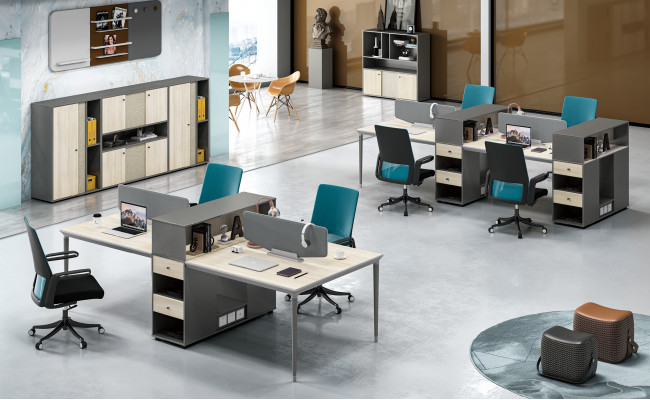 Office furniture setup tables desk 4 workstations call center