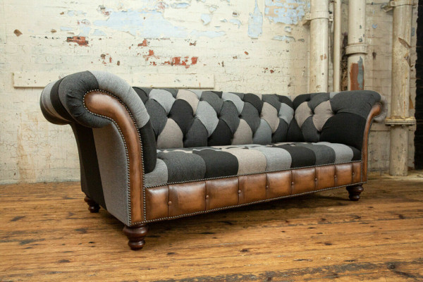 Chesterfield Textile Sofa 3-Seater Sofa Upholstered Sofas Design Luxury Fabric Sofas New