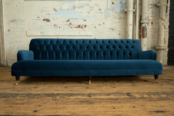 Large Blue Chesterfield Four-Seater XXL Luxury Sofa Couch Upholstered Furniture