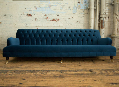 Large Blue Chesterfield Four-Seater XXL Luxury Sofa Couch Upholstered Furniture