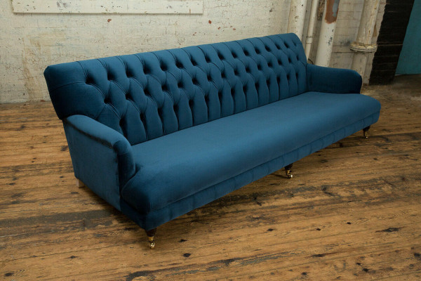 Large Blue Chesterfield Four-Seater XXL Luxury Sofa Couch Upholstered Furniture