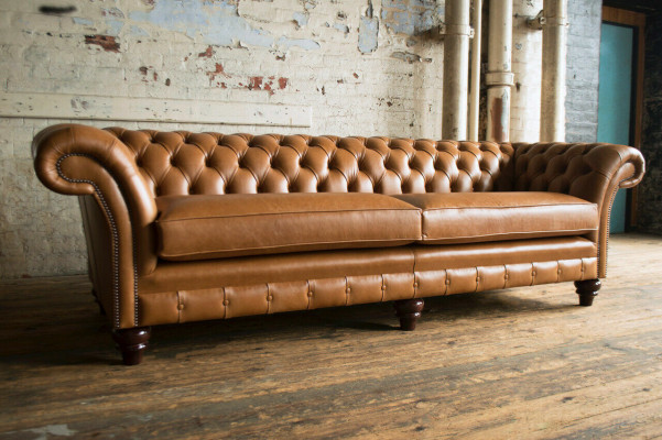 Brown Chesterfield Sofa Luxury 4-Seater Couch Upholstery Fabric Seater