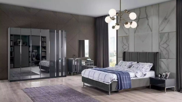 Bedroom bed, 2x nightstands, wardrobe, mirror, design luxury 6-piece set