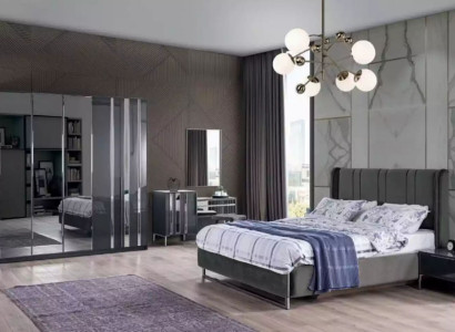 Bedroom bed, 2x nightstands, wardrobe, mirror, design luxury 6-piece set