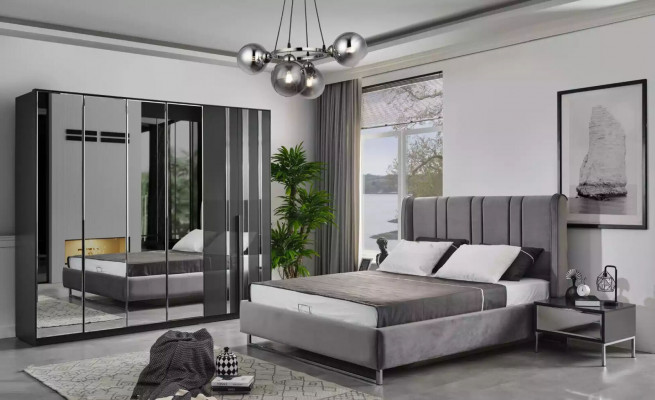 Bedroom bed, 2x nightstands, wardrobe, mirror, design luxury 6-piece set