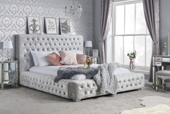 Gray Chesterfield bed with high headboard designer double bed