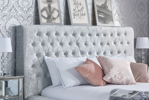 Gray Chesterfield bed with high headboard designer double bed