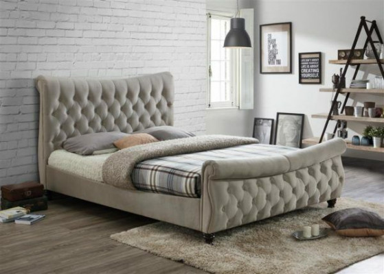 Chesterfield Textile Upholstered Bed Designer Beds Beige Hotel Double Bedroom