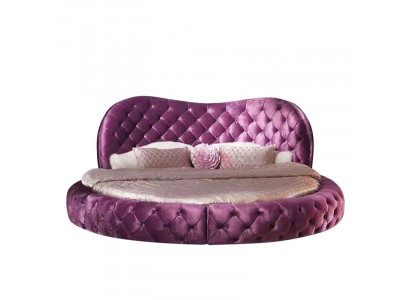 Round Chesterfield Design Bed Bedroom Textile Leather Upholstery Purple Round Luxury