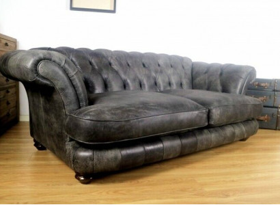 Chesterfield Big XXL Couch % Leather Black 3-Seater Vintage Style
