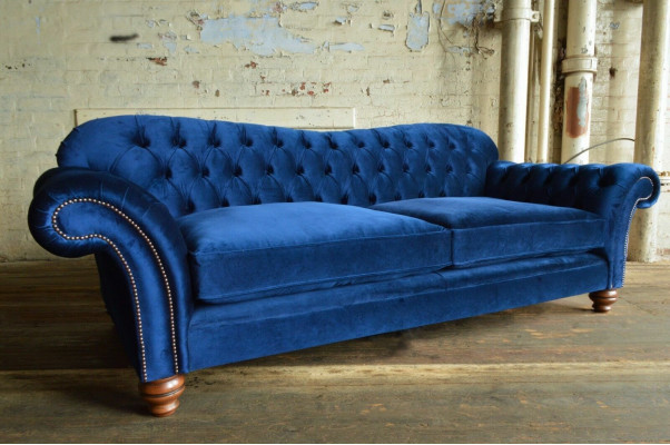 Design 4-Seater Sofa Couch Textile Upholstery Blue Classic Sofas Chesterfield New