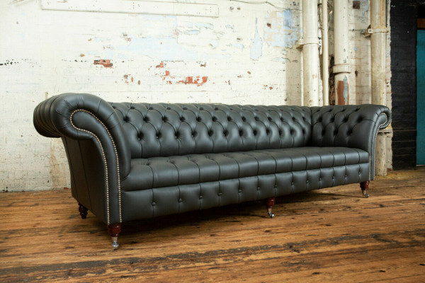 Gray Chesterfield 4-Seater Large Sofa Couch Textile Leather Upholstered Sofas