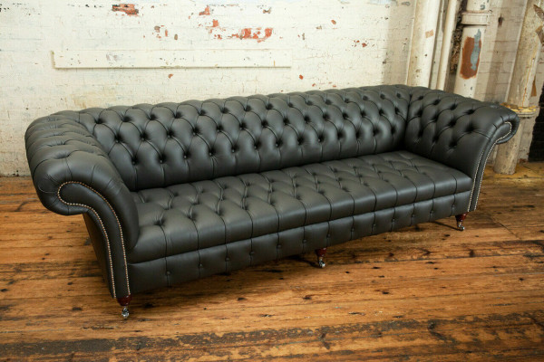 Gray Chesterfield 4-Seater Large Sofa Couch Textile Leather Upholstered Sofas