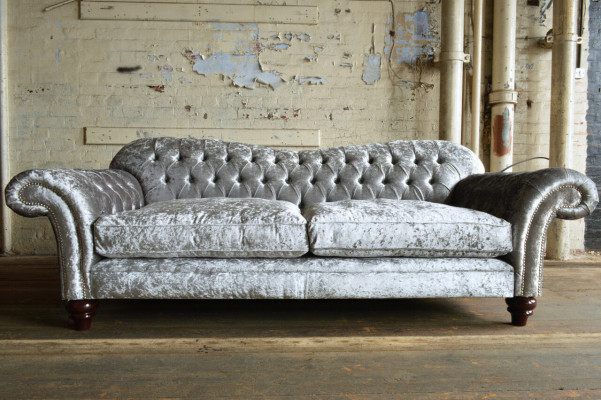 Classic Chesterfield Couch 4 Seater Sofa Velvet Leather Design Gray 240cm