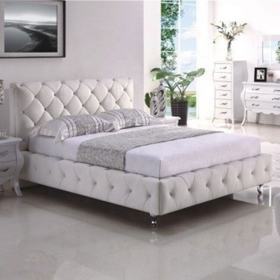 White Upholstered Chesterfield Double Bed Textile Bedroom Furniture