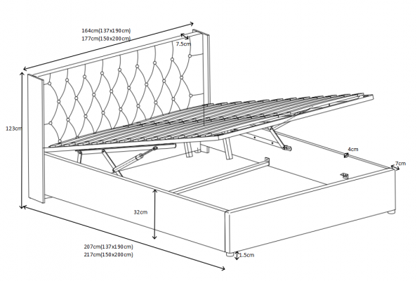 Chesterfield bed design, bedroom English beds, 180x200cm textile.
