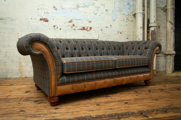 Design Chesterfield 3-seater fabric couch grey upholstery sofas sofa England 225cm