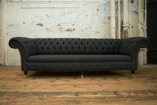 Black Chesterfield textile leather sofa couch upholstery big seat cushion XXL 265cm