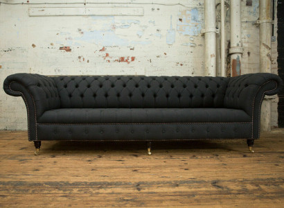 Black Chesterfield textile leather sofa couch upholstery big seat cushion XXL 265cm