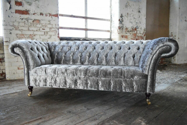 Three-seater silver couch upholstered design sofa 3-seater Chesterfield sofa