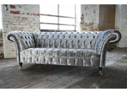 Three-seater silver couch upholstered design sofa 3-seater Chesterfield sofa