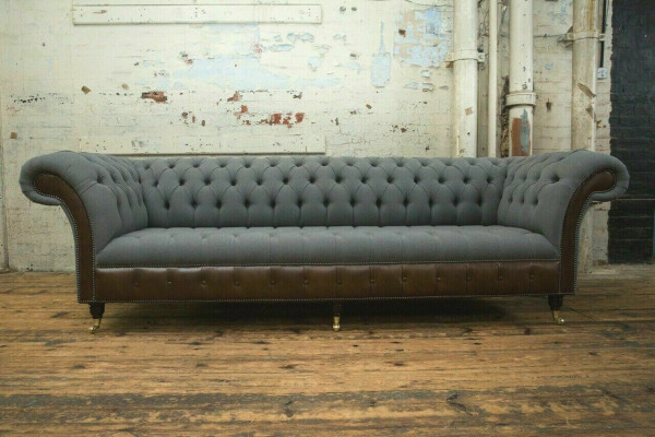 Design Chesterfield Sofa 4-Seater Grey Couch Upholstery Leather Sofas Living Room New
