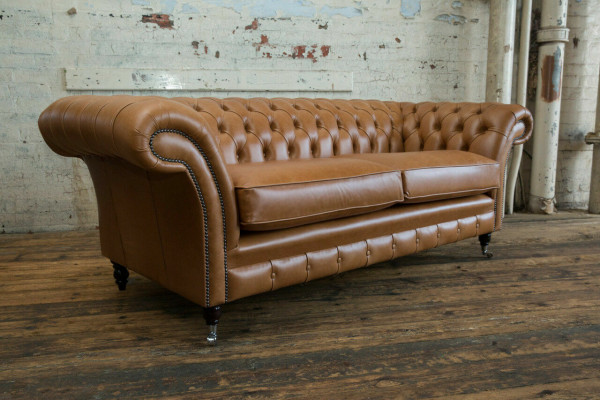 Sofa 3-seater couch Chesterfield upholstered seating set leather brown textile