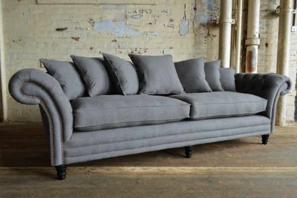 Classic Chesterfield couch, 4-seater sofa, velvet leather design, gray, 265cm
