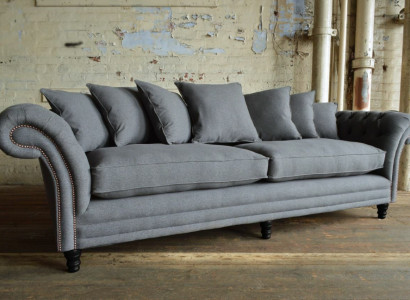 Classic Chesterfield couch, 4-seater sofa, velvet leather design, gray, 265cm