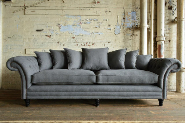 Classic Chesterfield couch, 4-seater sofa, velvet leather design, gray, 265cm