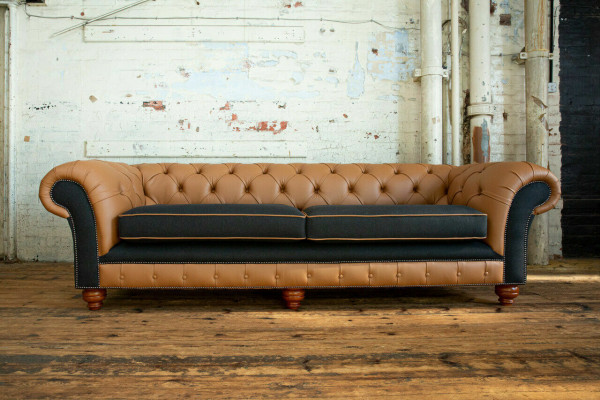 Brown Chesterfield Couch 4-Seater Sofa Velvet Leather Design