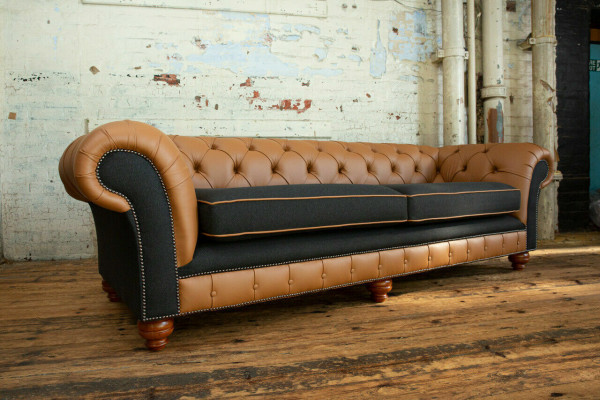 Brown Chesterfield Couch 4-Seater Sofa Velvet Leather Design