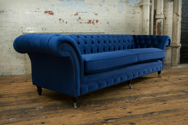 Classic Chesterfield Couch 4-Seater Sofa Velvet Leather Blue Design Upholstery