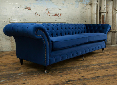 Classic Chesterfield Couch 4-Seater Sofa Velvet Leather Blue Design Upholstery