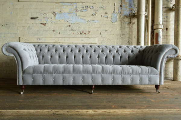 Classic Chesterfield Sofa 4-Seater Sofas Couches Leather Gray Design Upholstery