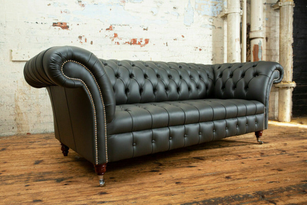 Gray Chesterfield Leather Three-seater Designer 3-Seater Couch