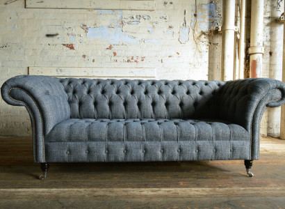 Gray Textile Chesterfield Three-Seater Luxury 3-Person Couch Designer Sofa