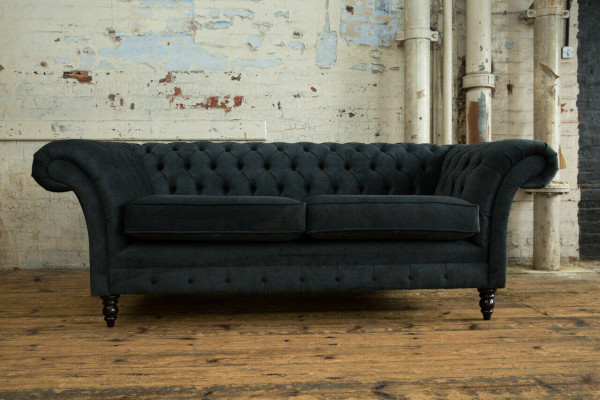 Stylish Black Chesterfield Sofa Designer 3-Seater Luxury Couch