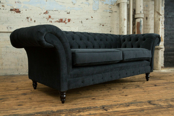 Stylish Black Chesterfield Sofa Designer 3-Seater Luxury Couch