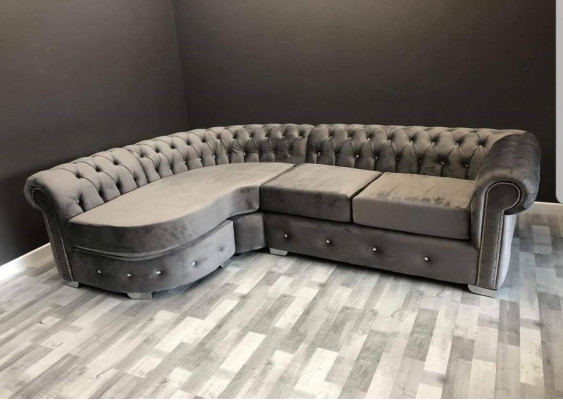 Gray living room couch Chesterfield upholstered seating set corner group