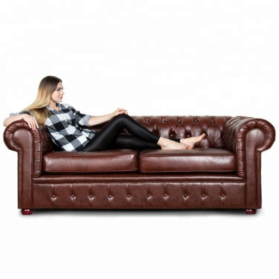 Classic brown Chesterfield leather couch cushion set 3-seater