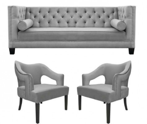 Silver Velvet Suite Sofa Set 3-piece Set Couch Seat Cushion Chesterfield
