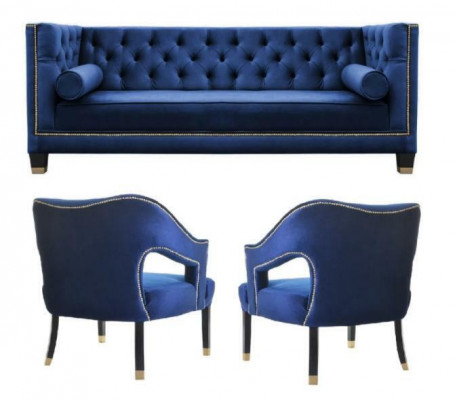 Luxury blue Chesterfield sofa set armchair + three-seater 3+1+1 set