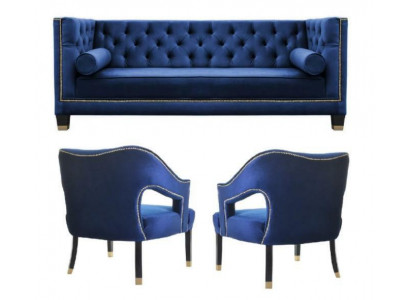 Luxury blue Chesterfield sofa set armchair + three-seater 3+1+1 set