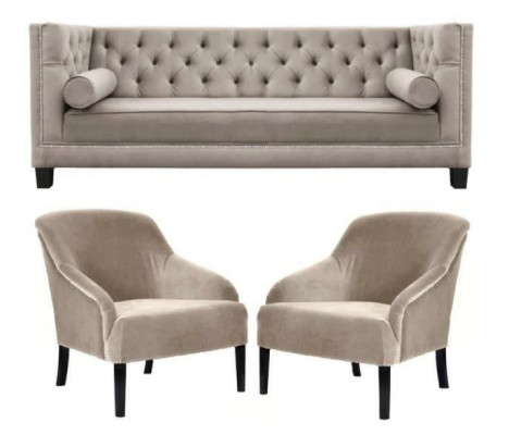 Chesterfield Beige Armchair Luxury Furniture Sets Textile Fabric Sofa Group New