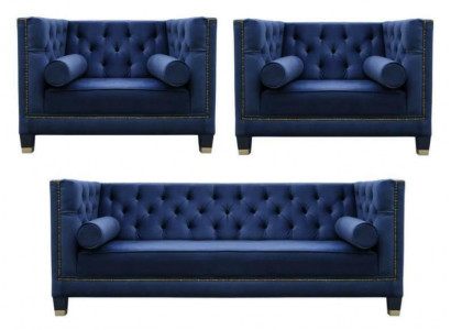 Chesterfield Blue Sofa Set 3-Piece Set Couch Upholstery Seating Group