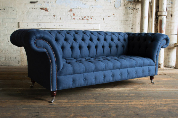 Blue Textil Chesterfield 4-Seater Designer Upholstered Sofa
