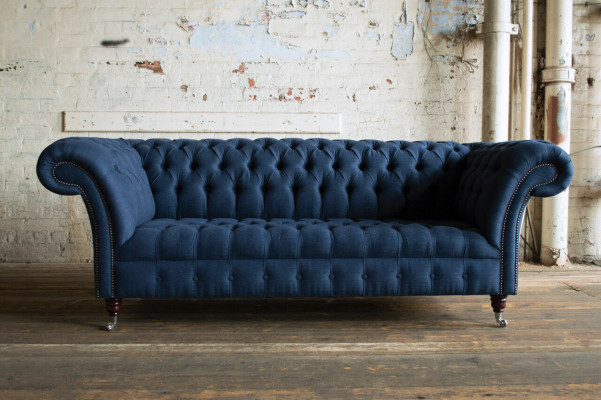 Blue Textil Chesterfield 4-Seater Designer Upholstered Sofa